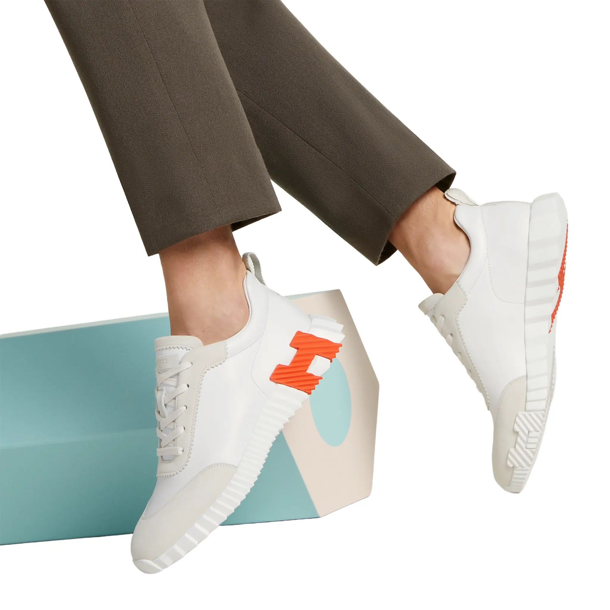 Model Wear View of Hermès Paris Bouncing Calf Sneaker White Orange H221898ZH94400